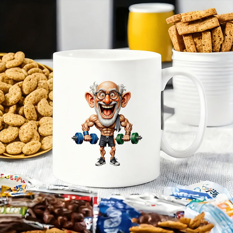 Tailorly White Ceramic 11 oz Mug - Strong Muscular Elderly Man With Glasses Holding Heavy Dumbbells Gym Fitness Enthusiast Grandpa