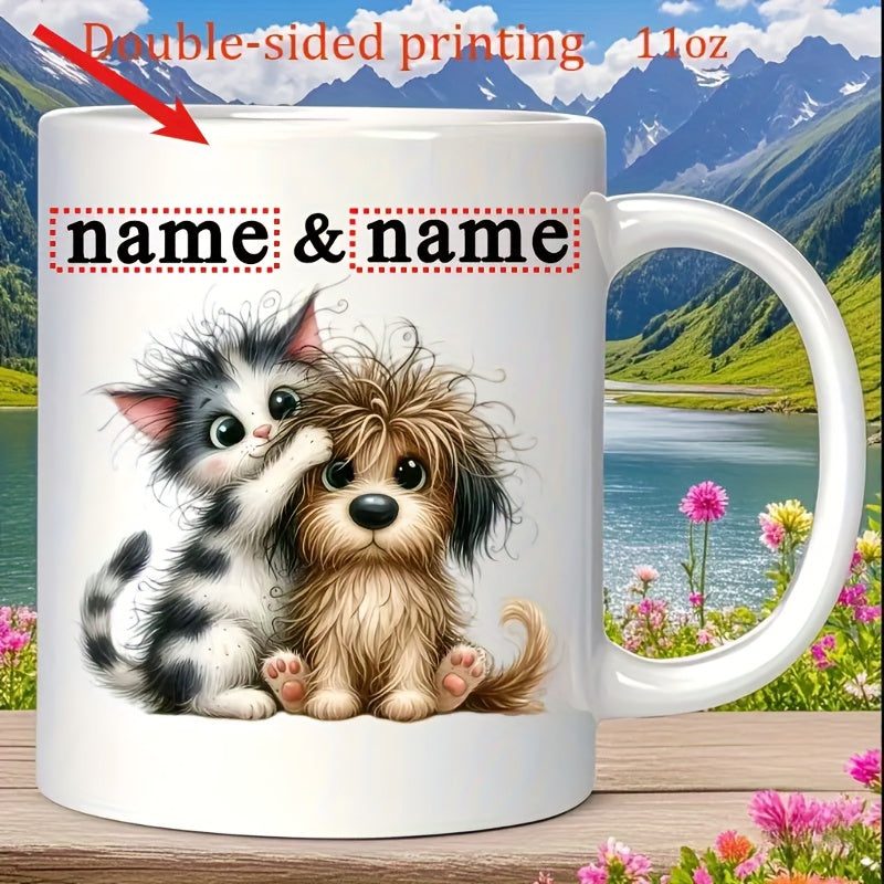 Tailorly White Ceramic 11 oz Mug - Name Name Fluffy Little Kitten Hugging Shaggy Puppy With Big Eyes Pets