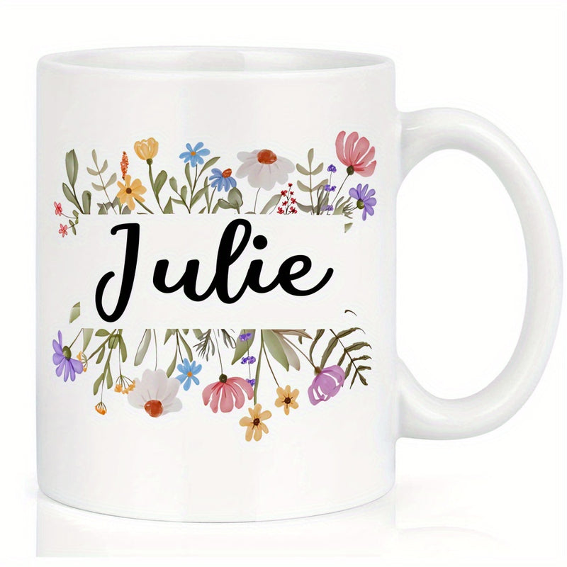 Tailorly White Ceramic 11 oz Mug - Julie Colorful Watercolor Wildflowers Blooming In A Wild Garden Meadow Flower