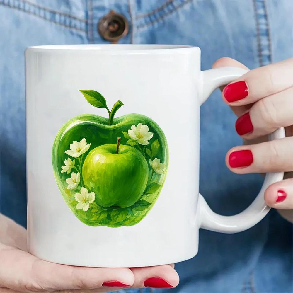 Tailorly White Ceramic 11 oz Mug - Vibrant Green Garden Silhouette Filled With Blossoms And Smaller Ripe Apple