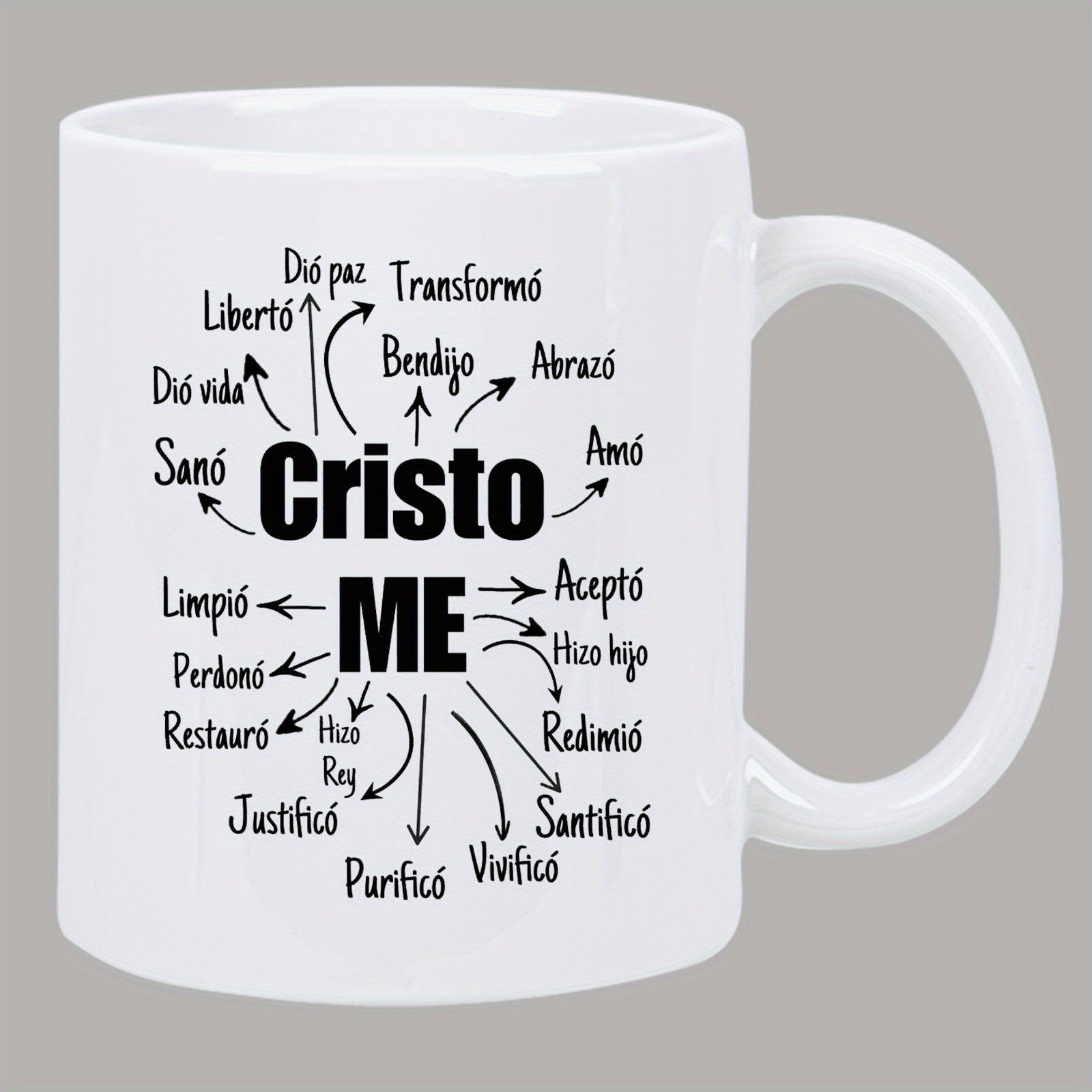 Tailorly White Ceramic 11 oz Mug - Black Typographic Religious Words With Radiating Arrows On
