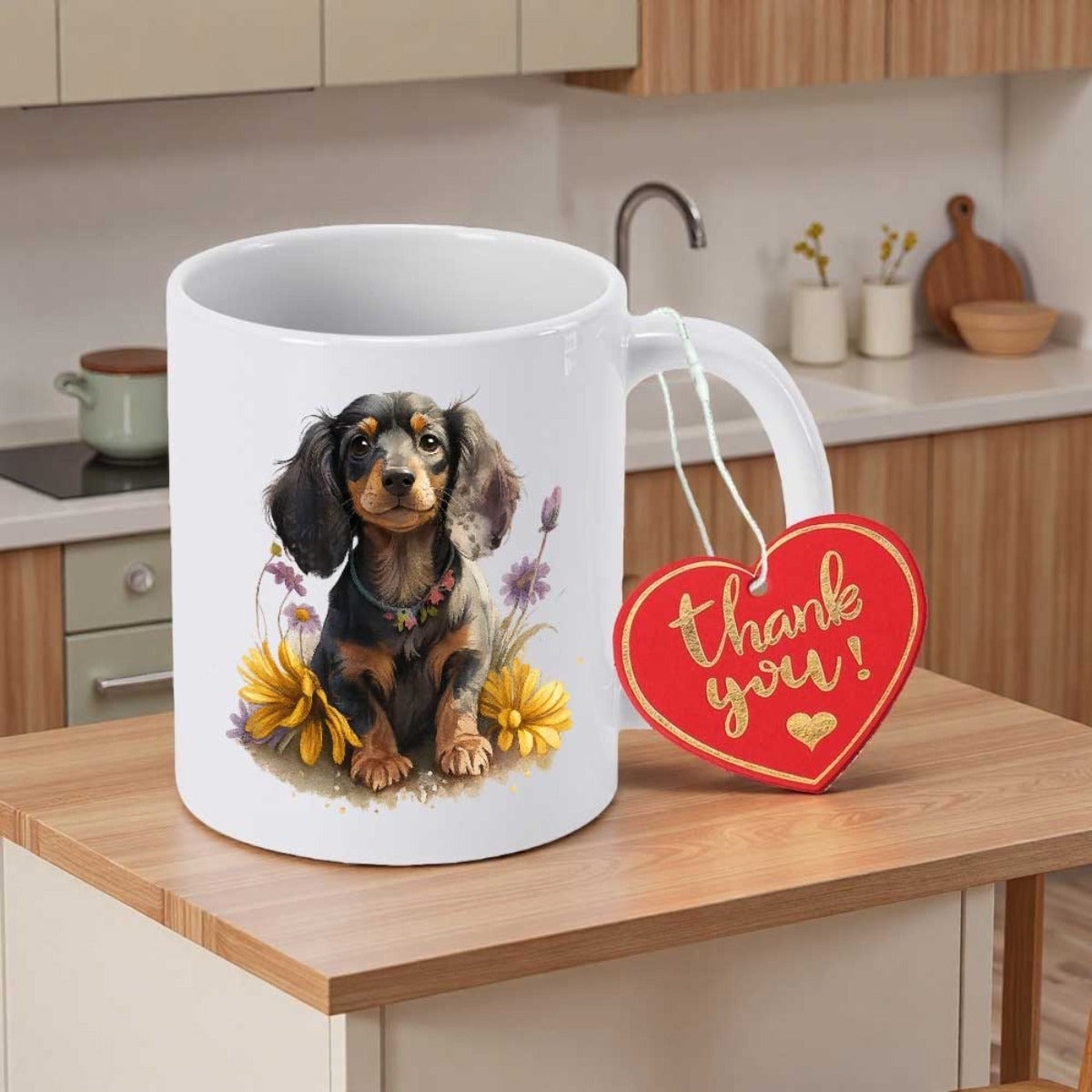 Tailorly White Ceramic 11 oz Mug - Thank You Adorable Dapple Puppy Sitting Among Vibrant Yellow Sunflowers And Lavender Dachshund