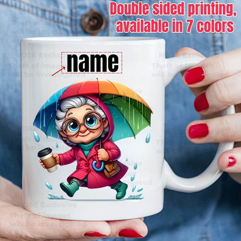 Tailorly White Ceramic 11 oz Mug - Cheerful Elderly Lady Holding Rainbow Umbrella And Coffee Walking Through Rain Grandmother