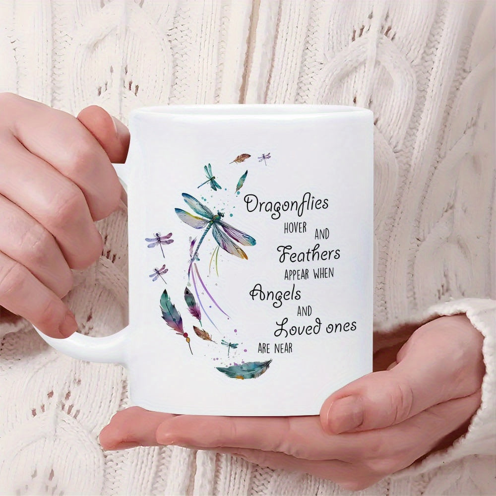 Tailorly White Ceramic 11 oz Mug - Dragonflies Appear And Feathers Appear When Angels And Loved Ones Are Near Delicate Watercolor Style Winged Insects Among Soft