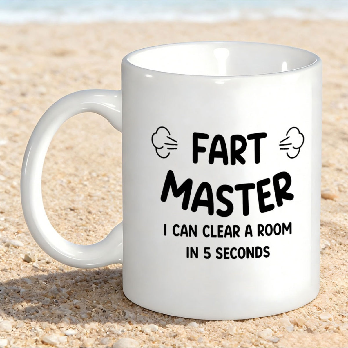 Tailorly White Ceramic 11 oz Mug - Fart Master I Can Clear A Room In 5 Seconds Playful Cloud Icons With Bold Minimalist Typography On Smooth Ceramic Mug