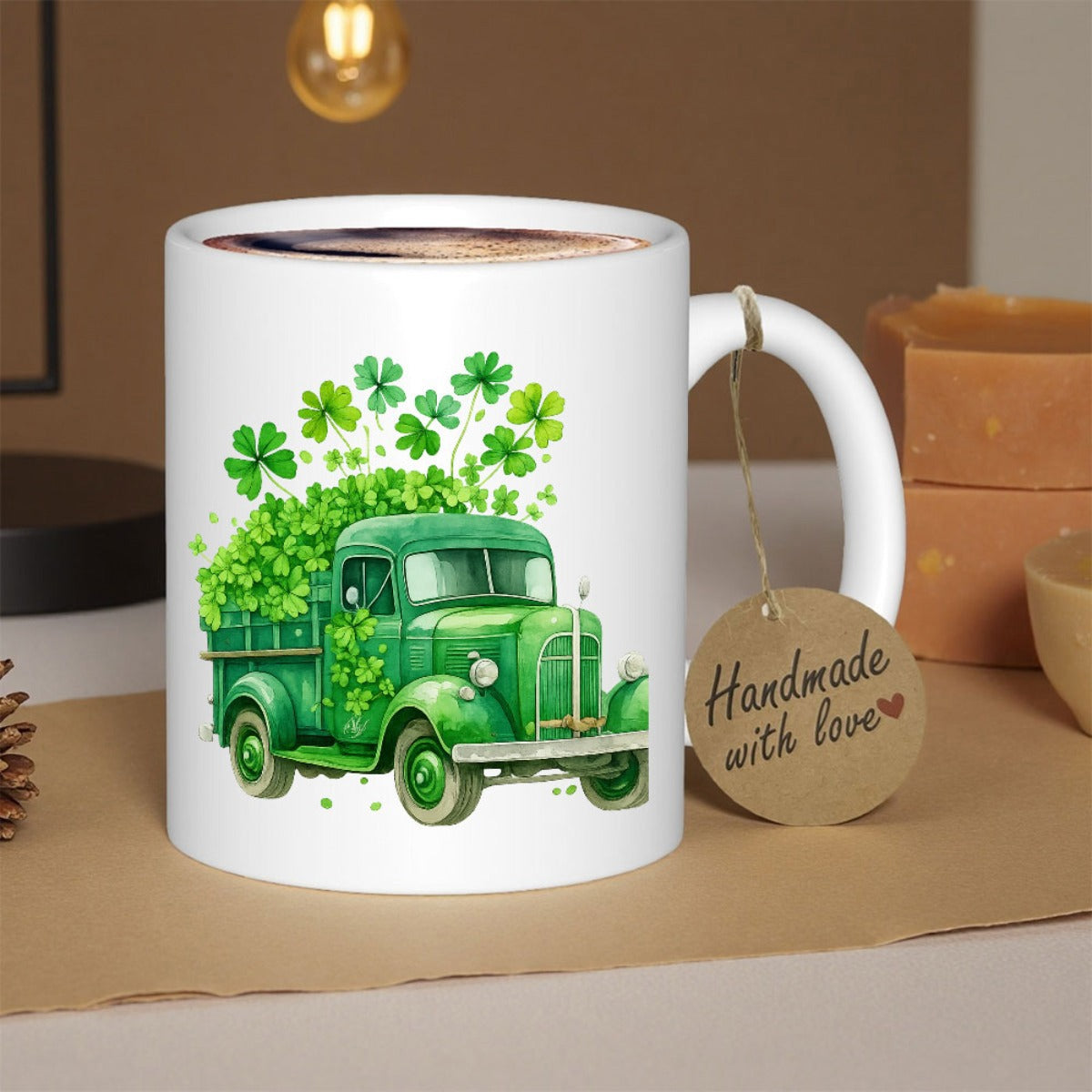 Tailorly White Ceramic 11 oz Mug - Handmade With Love Vintage Green Pickup Truck Loaded With Lucky Four Leaf Clover Shamrocks Truck