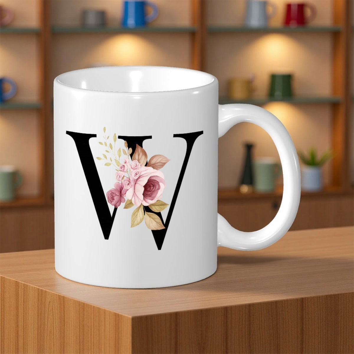 Tailorly White Ceramic 11 oz Mug - W Elegant Capital Letter Decorated With Soft Pink Blooming Roses And Leaves Letter