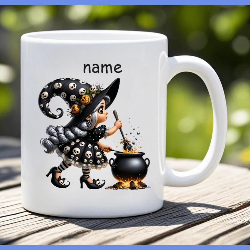 Tailorly White Ceramic 11 oz Mug - Name Little Gothic Witch Wearing Skull Patterned Hat Stirring Magic Black Pot Cauldron