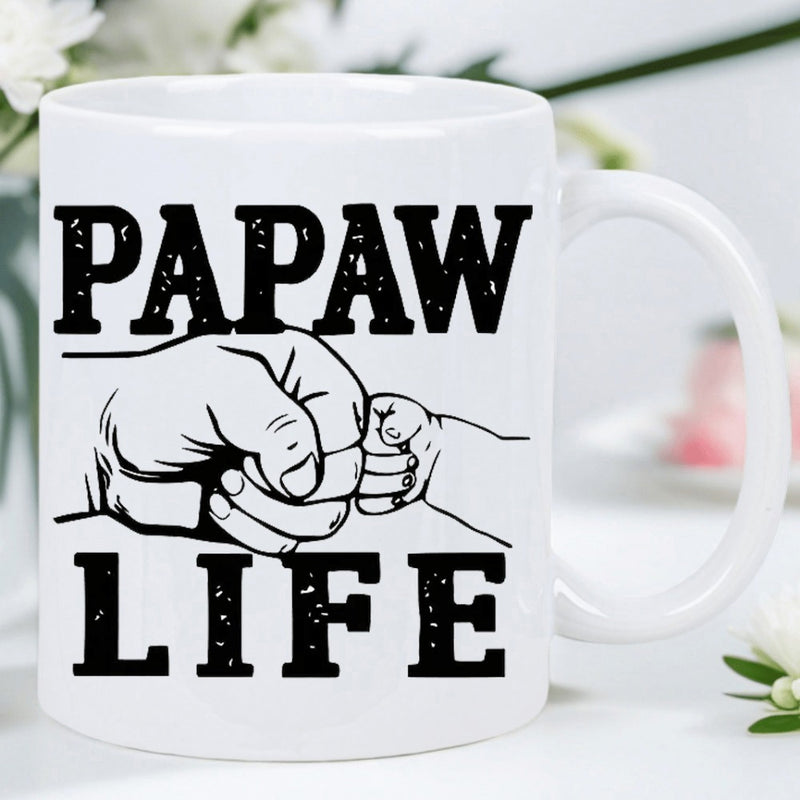 Tailorly White Ceramic 11 oz Mug - Papaw Life Simple Black And White Illustration Of Adult And Child Hands Bumping Hands