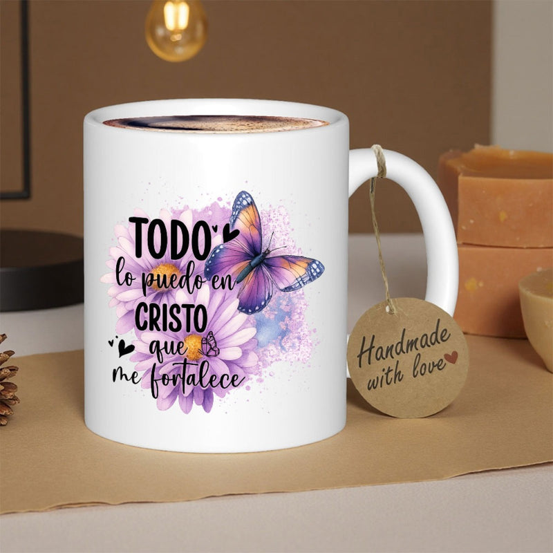 Tailorly White Ceramic 11 oz Mug - Vibrant Purple Wings Resting Among Soft Blooming Watercolor Flower Petals Butterfly