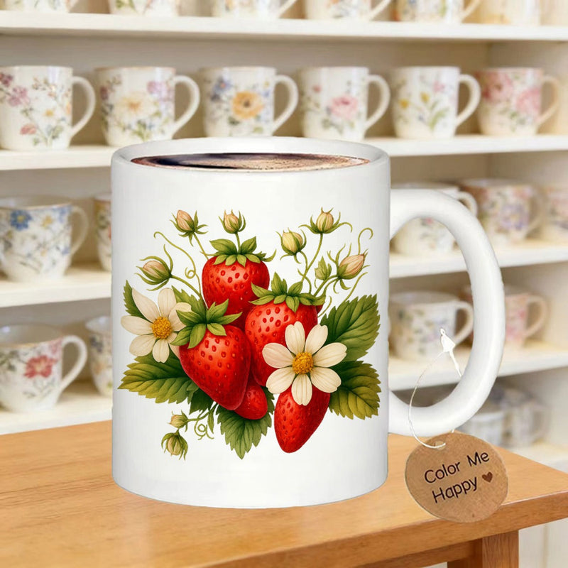 Tailorly White Ceramic 11 oz Mug - Vibrant Red Ripening Strawberries With Green Leaves And Delicate White Flowers Strawberry