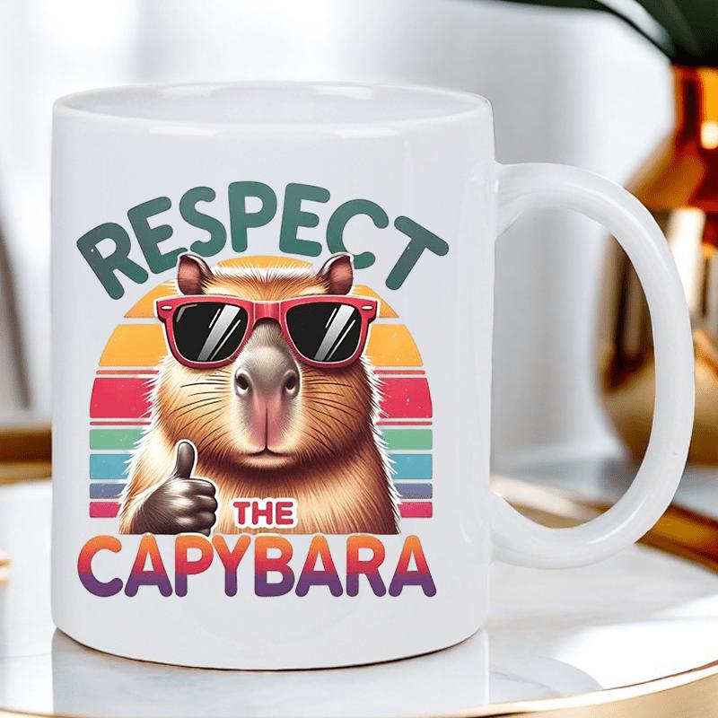 Tailorly White Ceramic 11 oz Mug - Respect The Capybara Cool Animal Wearing Sunglasses Giving Thumbs Up Before Retro Sunset Capybara