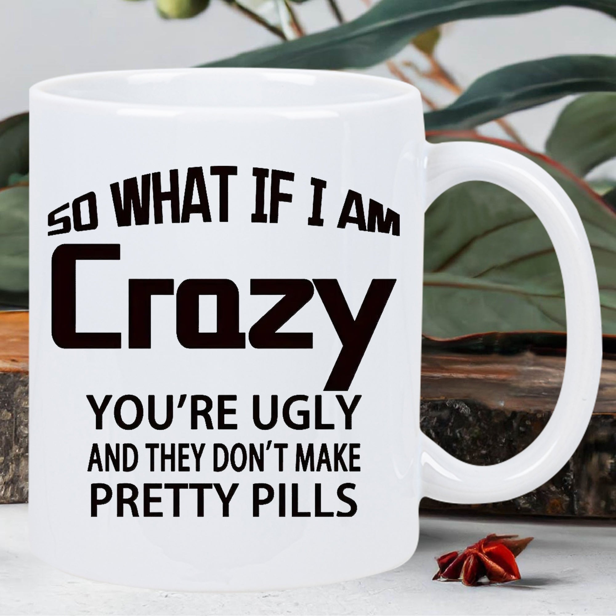 Tailorly White Ceramic 11 oz Mug - So What If I Am Crazy Youre Ugly And They Dont Make Pretty Pills Minimalist White Ceramic With Bold Black Typographic Sarcastic