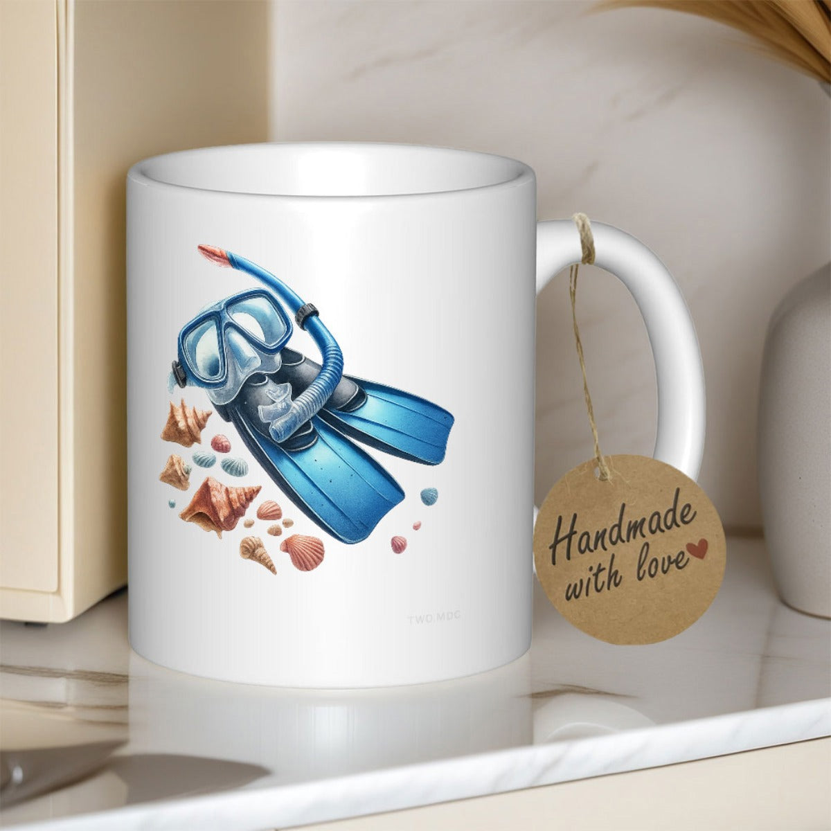 Tailorly White Ceramic 11 oz Mug - Handmade With Love Blue Snorkeling Equipment Swimming Among Scattered Natural Ocean Beach Seashells Scuba Gear