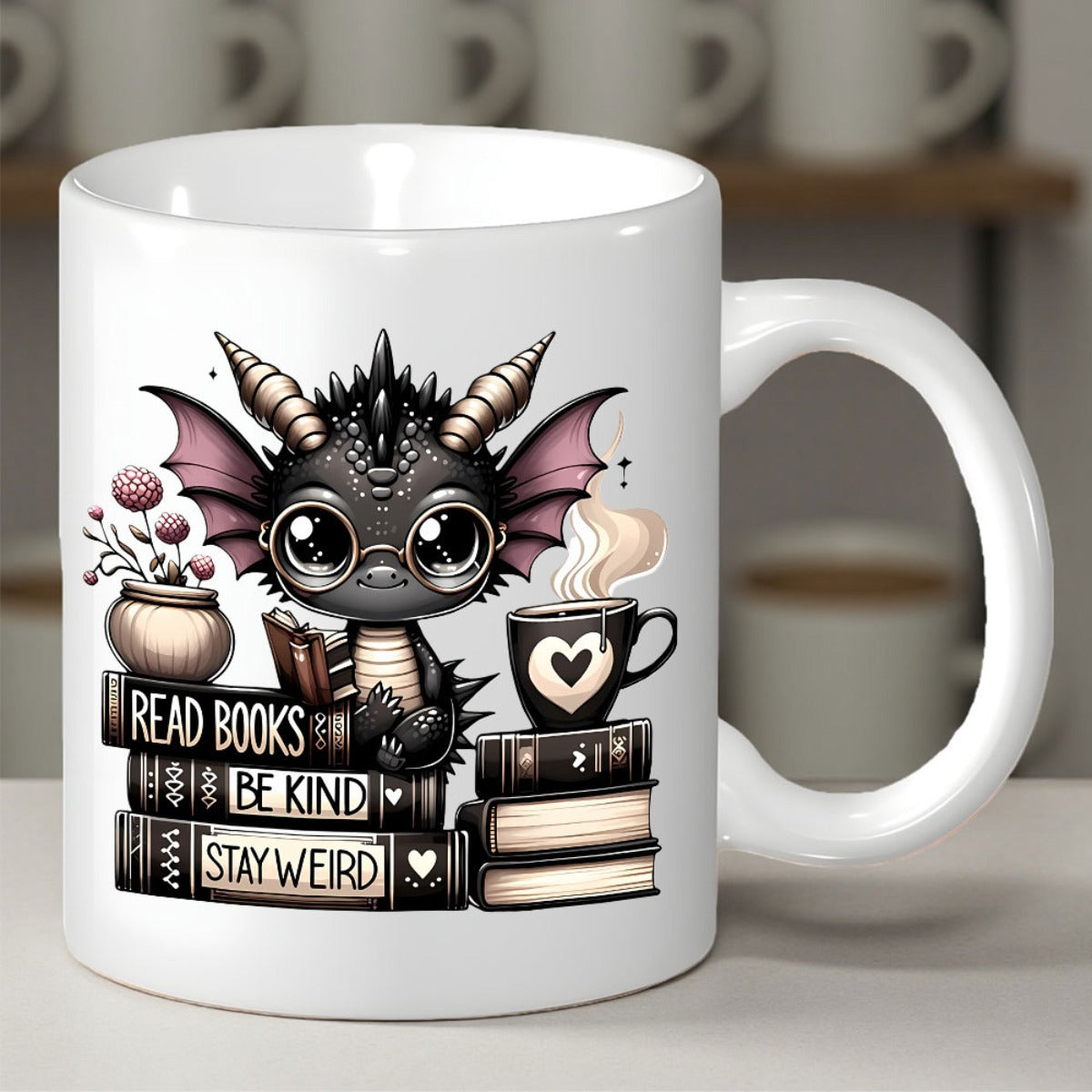 Tailorly White Ceramic 11 oz Mug - Read Books Be Kind Stay Weird Adorable Black Baby Dragon Sitting On Stacks Of Old Vintage Books Dragon