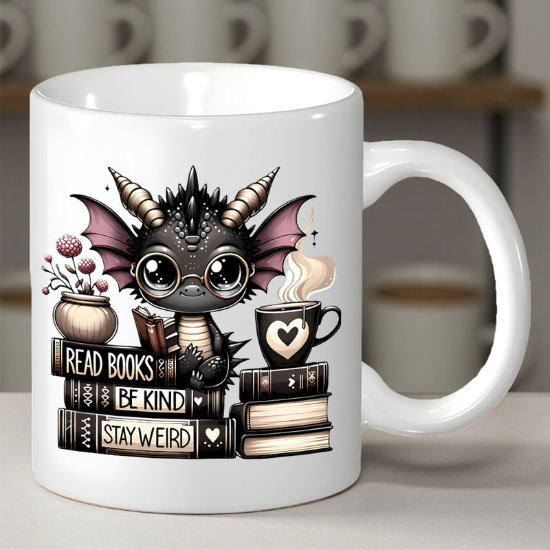 Tailorly White Ceramic 11 oz Mug - Read Books Be Kind Stay Weird Adorable Black Baby Dragon Sitting On Stacks Of Old Vintage Books Dragon