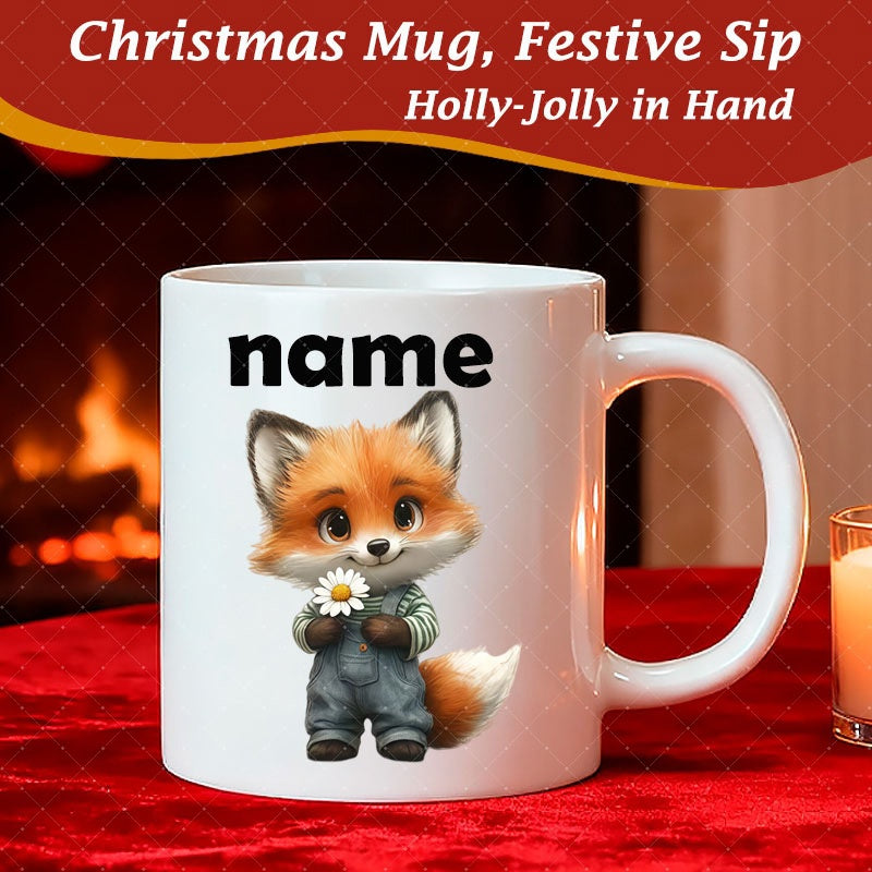 Tailorly White Ceramic 11 oz Mug - Name Adorable Small Wearing Blue Denim Overalls Holding A White Daisy Fox