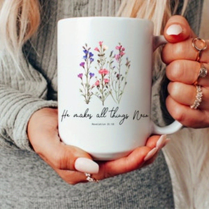 Tailorly White Ceramic 11 oz Mug - He Makes All Things New Beautiful Wildflowers Blooming Gracefully With Soft Watercolor Details In Nature Flower