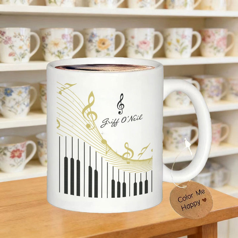 Tailorly White Ceramic 11 oz Mug - Jeff ONeil Color Me Happy Elegant Golden Musical Notes Flowing Across A Classic Ivory Keyboard
