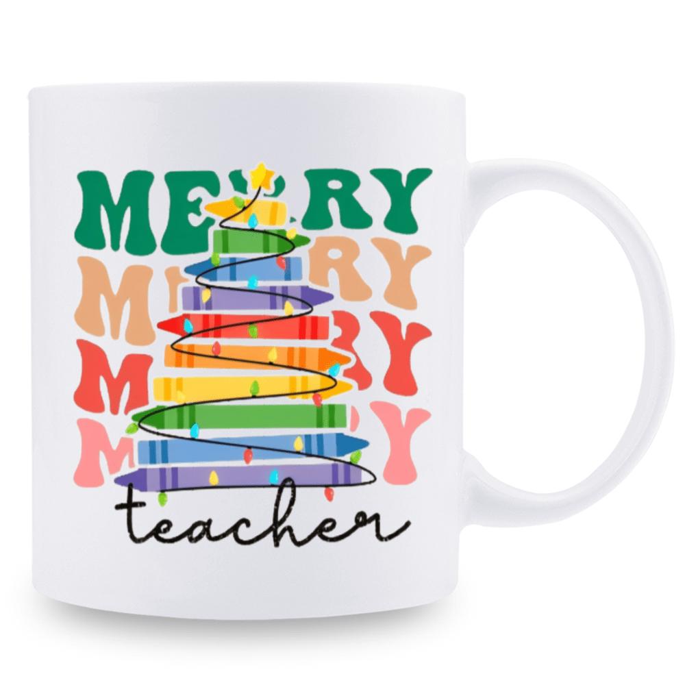 Tailorly White Ceramic 11 oz Mug - Merry Teacher Colorful Stacked Wax Crayons Forming A Festive Holiday Concept Tree