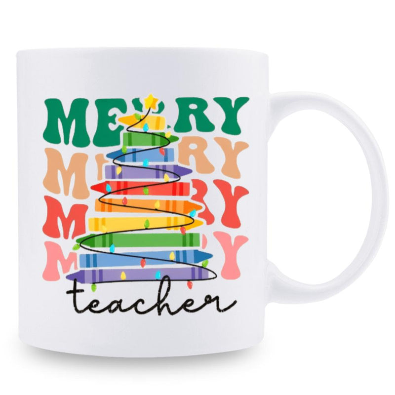 Tailorly White Ceramic 11 oz Mug - Merry Teacher Colorful Stacked Wax Crayons Forming A Festive Holiday Concept Tree