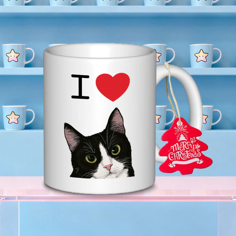 Tailorly White Ceramic 11 oz Mug - I Merry Christmas Realistic Tuxedo Cat Portrait Under A Vibrant Red Heart Cat