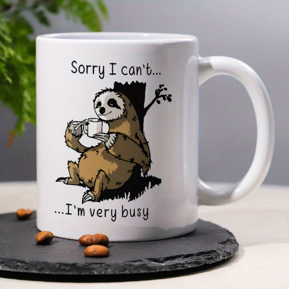 Tailorly White Ceramic 11 oz Mug - Sorry I Cant Im Very Busy Sitting Against A Tree Trunk Drinking From A Small White Cup Sloth