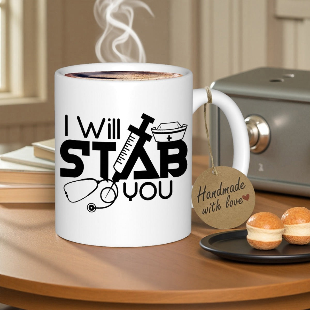 Tailorly White Ceramic 11 oz Mug - I Will Stab You Bold Black Medical Icons Featuring Syringe And Stethoscope Design Mug