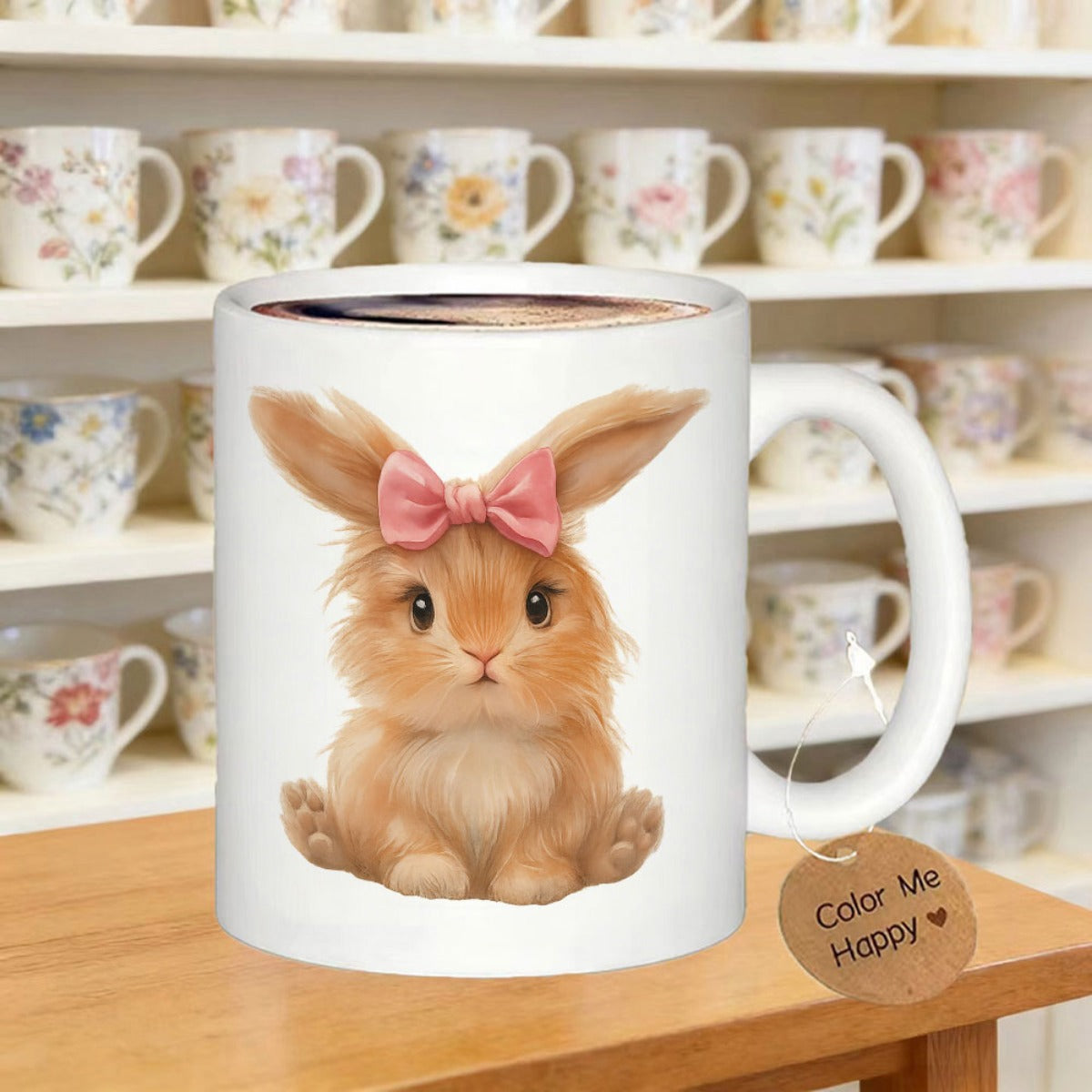 Tailorly White Ceramic 11 oz Mug - Color Me Happy Adorable Fluffy Brown Bunny Wearing A Soft Pink Bow Sitting Peacefully Rabbit