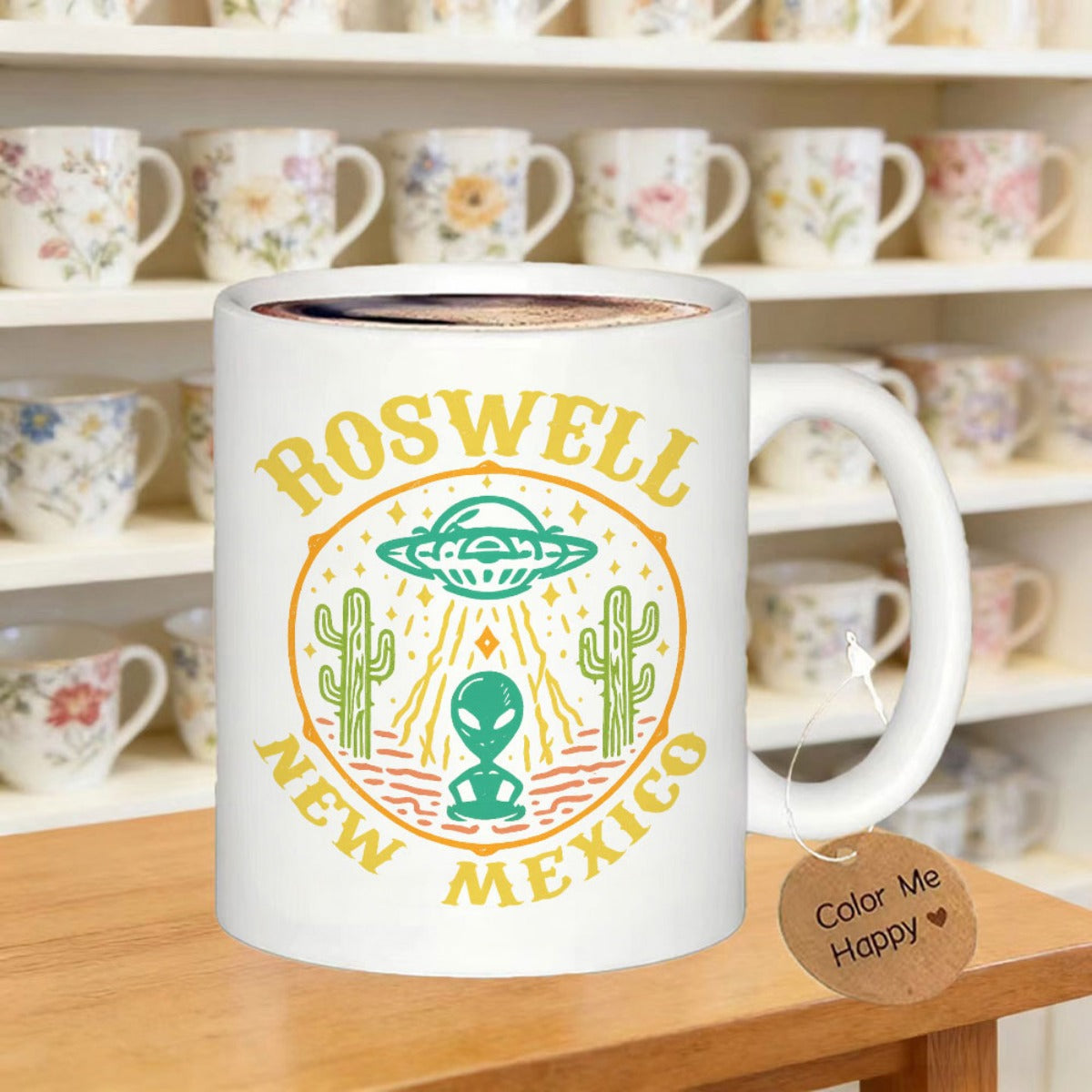 Tailorly White Ceramic 11 oz Mug - Roswell New Mexico Vintage Style Desert Scene With Flying Saucer And Extraterrestrial Being Alien
