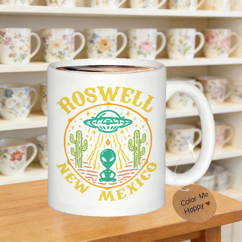 Tailorly White Ceramic 11 oz Mug - Roswell New Mexico Vintage Style Desert Scene With Flying Saucer And Extraterrestrial Being Alien