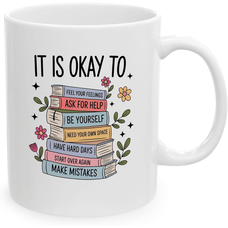 Tailorly White Ceramic 11 oz Mug - It Is Okay To Stacked Pastel Books With Blooming Flowers And Twinkling Stars Book
