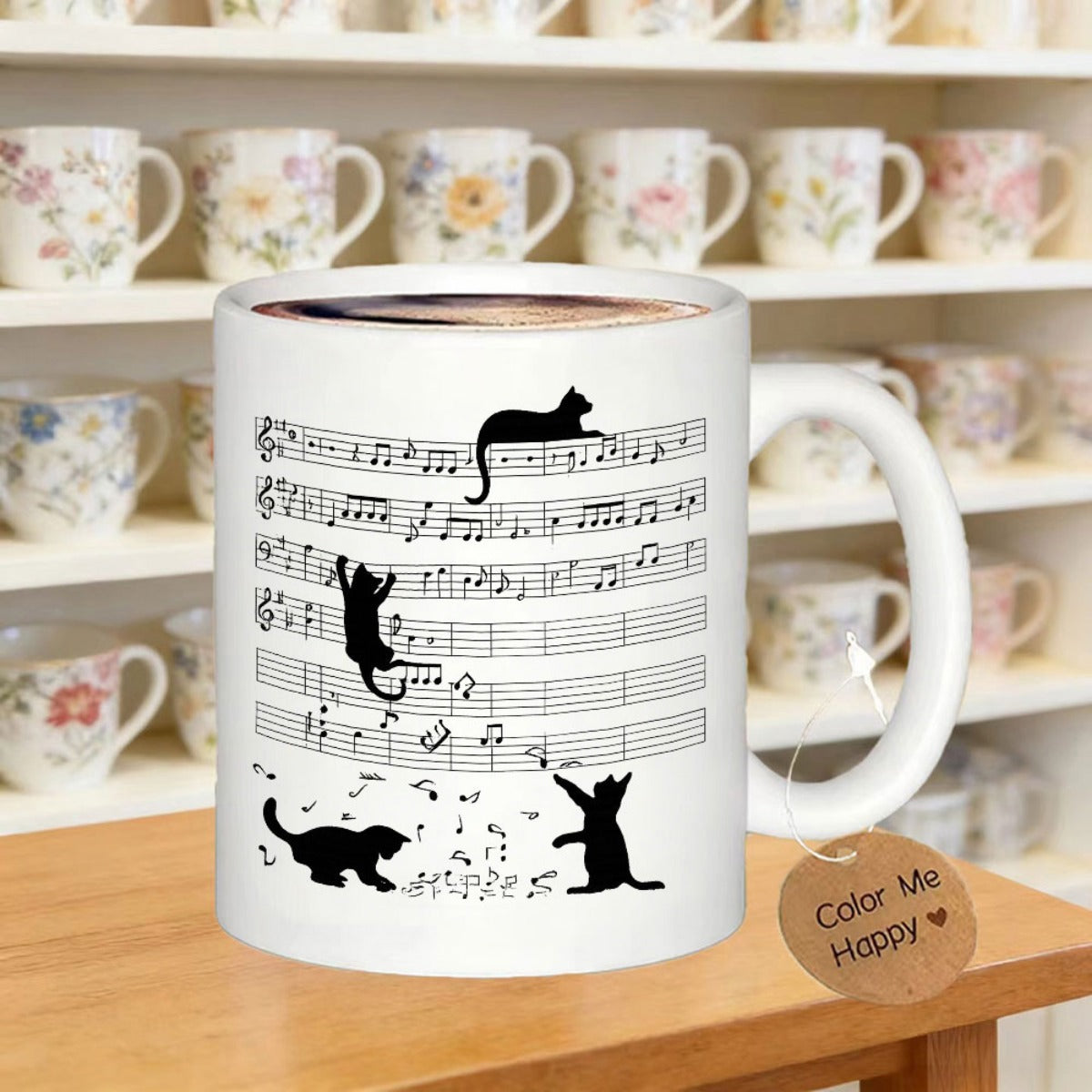 Tailorly White Ceramic 11 oz Mug - Playful Black Felines Climbing On Musical Staves With Floating Notes Cat
