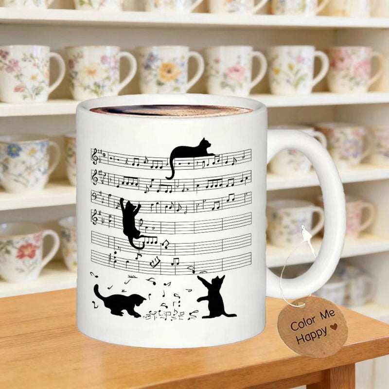 Tailorly White Ceramic 11 oz Mug - Playful Black Felines Climbing On Musical Staves With Floating Notes Cat