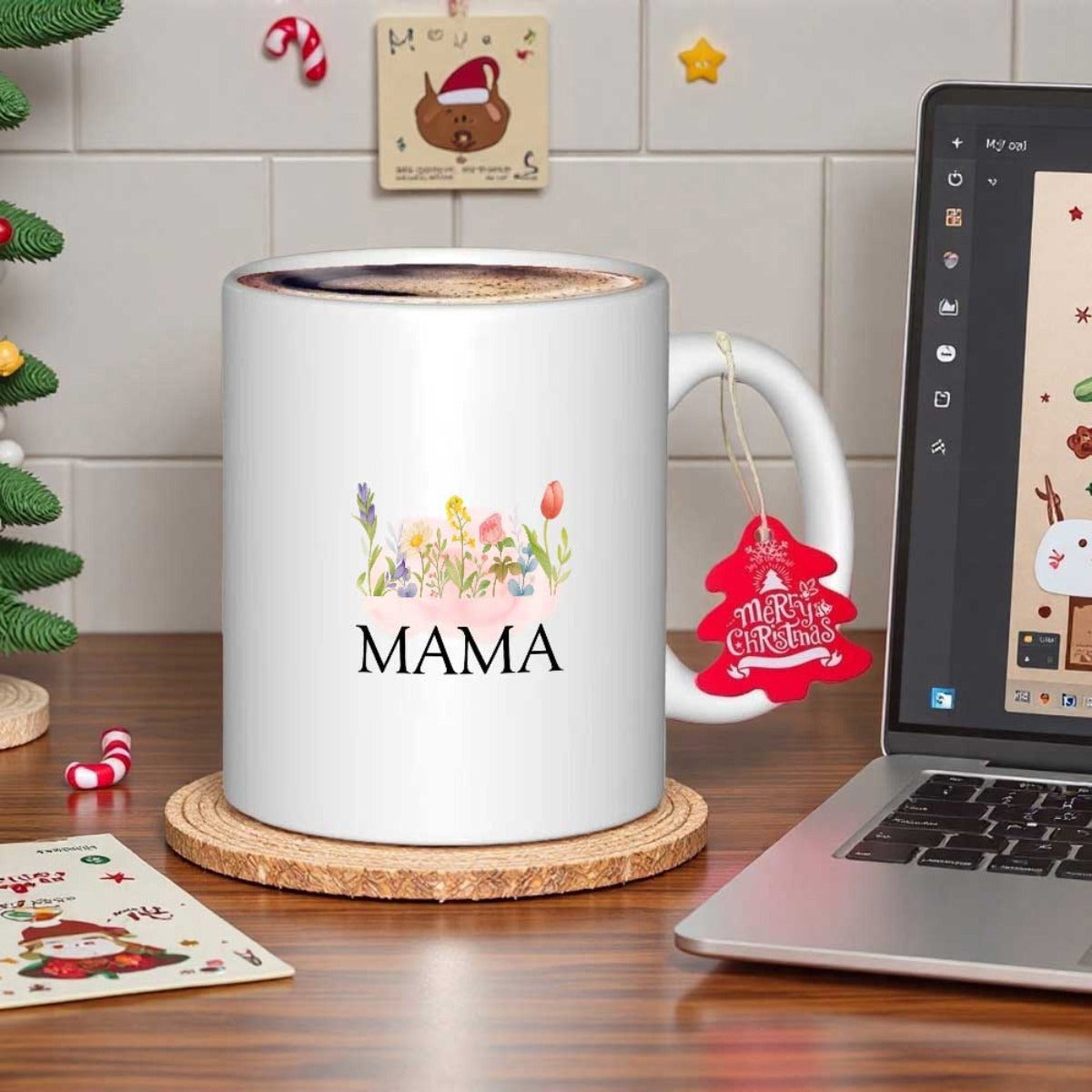 Tailorly White Ceramic 11 oz Mug - Mama Delicate Watercolor Wildflowers Blooming Elegantly In A Beautiful Summer Field Flower