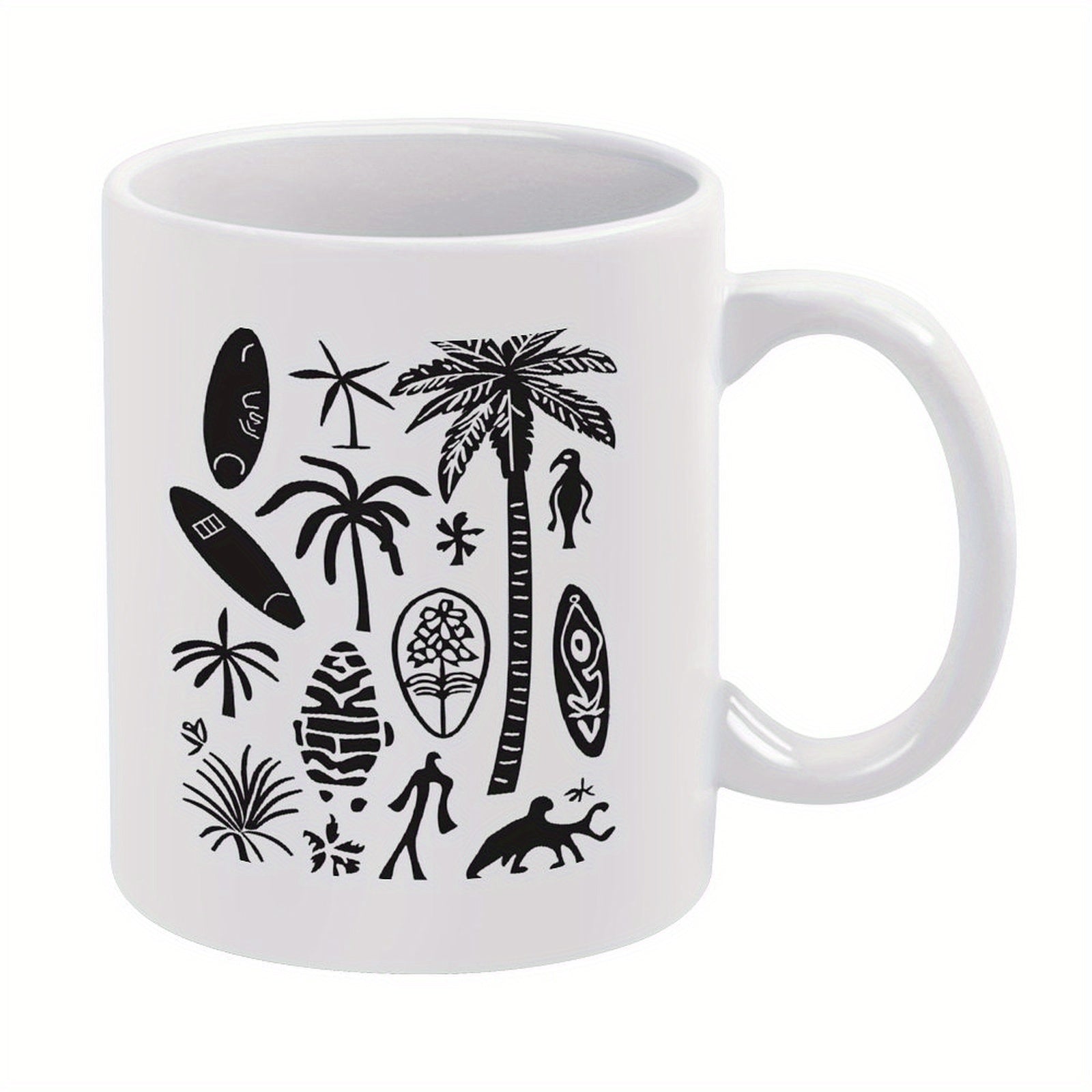 Tailorly White Ceramic 11 oz Mug - Minimalist Black Ink Tropical Icons And Surfboards Under Tall Palm Tree