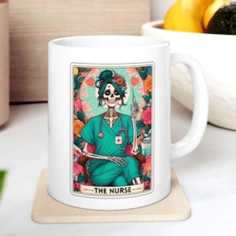 Tailorly White Ceramic 11 oz Mug - The Nurse Gothic Tarot Style Skeleton Wearing Medical Scrubs Among Blooming Flowers Nurse