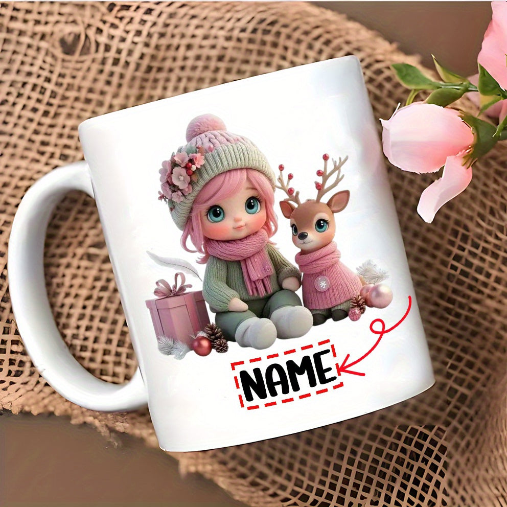 Tailorly White Ceramic 11 oz Mug - Name Adorable Little Girl With Pink Hair And Small Festive Deer