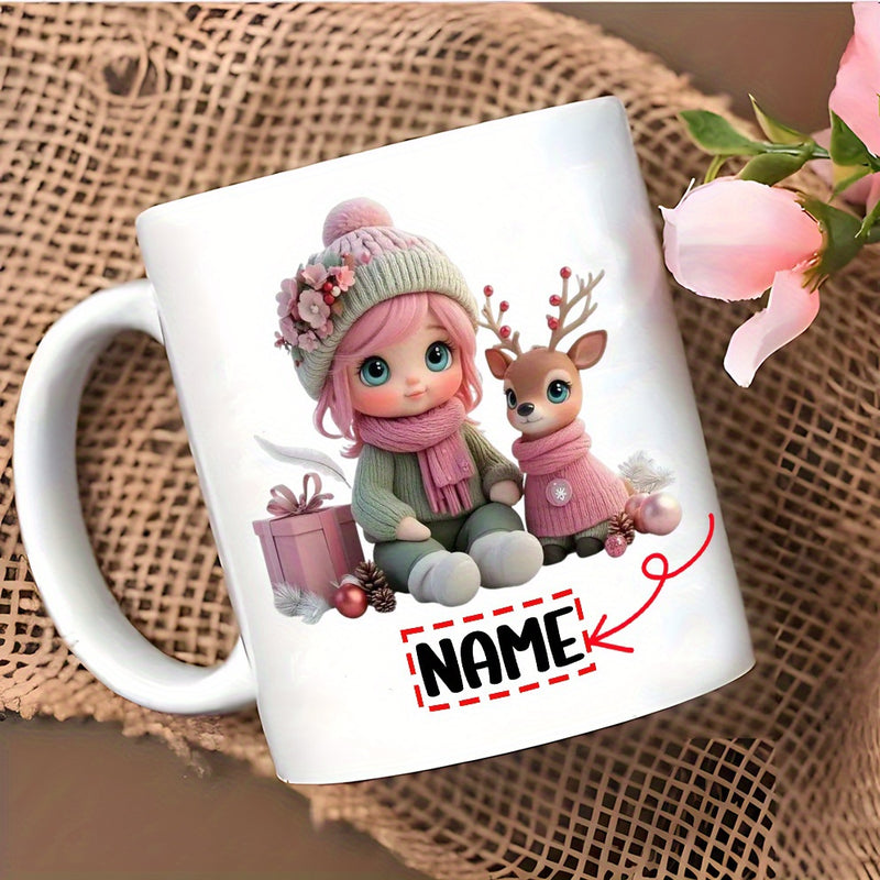 Tailorly White Ceramic 11 oz Mug - Name Adorable Little Girl With Pink Hair And Small Festive Deer