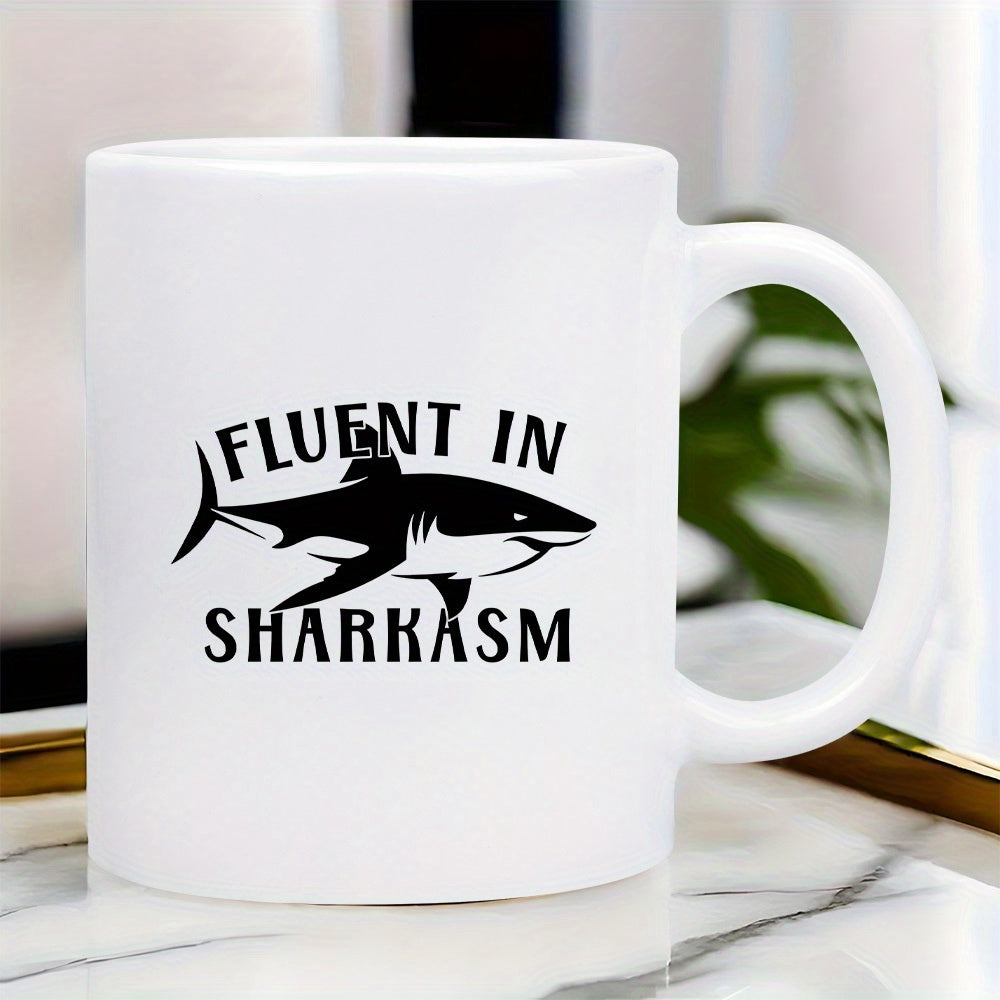 Tailorly White Ceramic 11 oz Mug - Fluent In Sharkasm Sleek Black Silhouette Predator Swimming Across Clean White Ceramic Shark