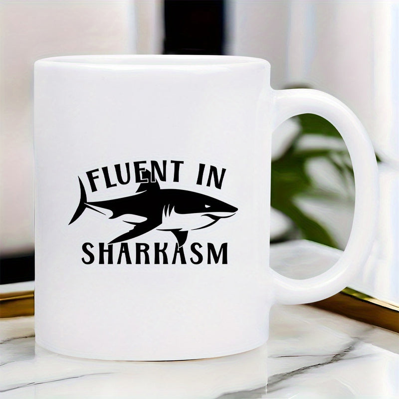 Tailorly White Ceramic 11 oz Mug - Fluent In Sharkasm Sleek Black Silhouette Predator Swimming Across Clean White Ceramic Shark