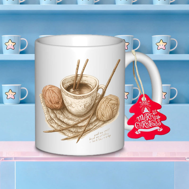 Tailorly White Ceramic 11 oz Mug - Cozy Hand Drawn Illustration Of Knitting Needles And Soft Brown Yarn Ball