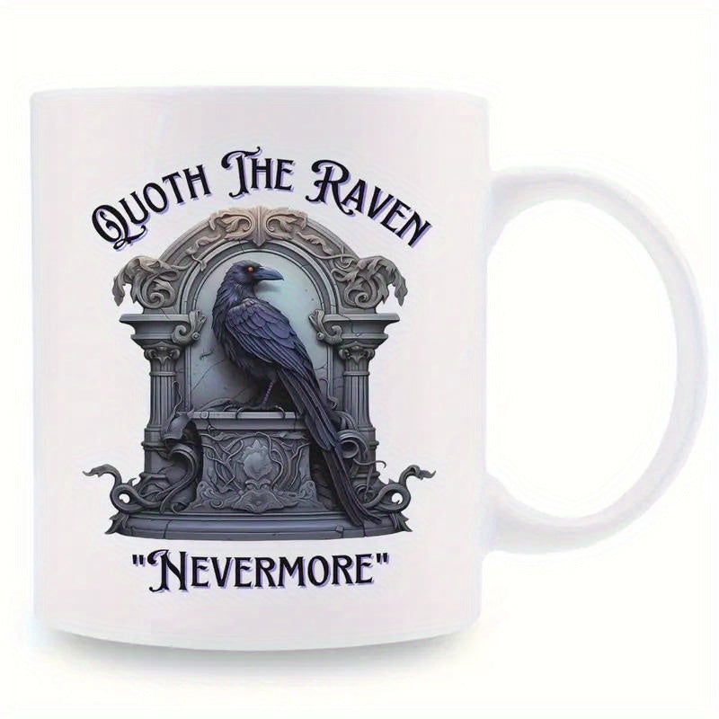 Tailorly White Ceramic 11 oz Mug - Quoth The Raven Nevermore Dark Gothic Pedestal Archway With Intricate Stone Carvings Resting Raven