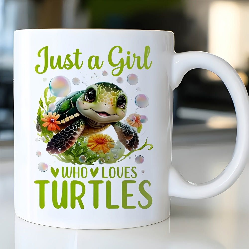 Tailorly White Ceramic 11 oz Mug - Just A Girl Who Loves Turtles Adorable Little Sea Creature Among Vibrant Floral Elements And Bubbles Turtle