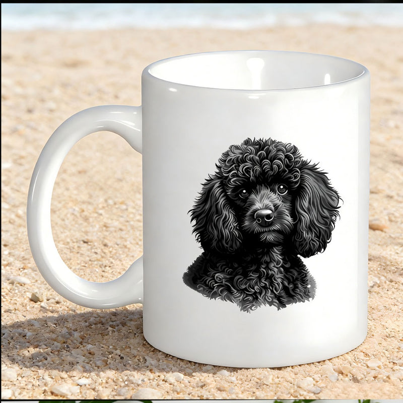 Tailorly White Ceramic 11 oz Mug - Realistic Sketch Of A Curly Furry Black Toy Or Miniature Poodle