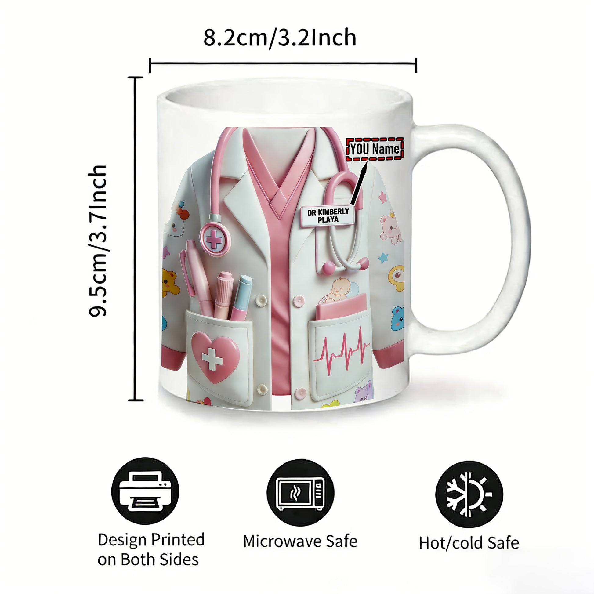 Tailorly White Ceramic 11 oz Mug - Dr Kimberly Plate Detailed Medical Lab Coat With Pink Scrubs And Professional Stethoscope Uniform