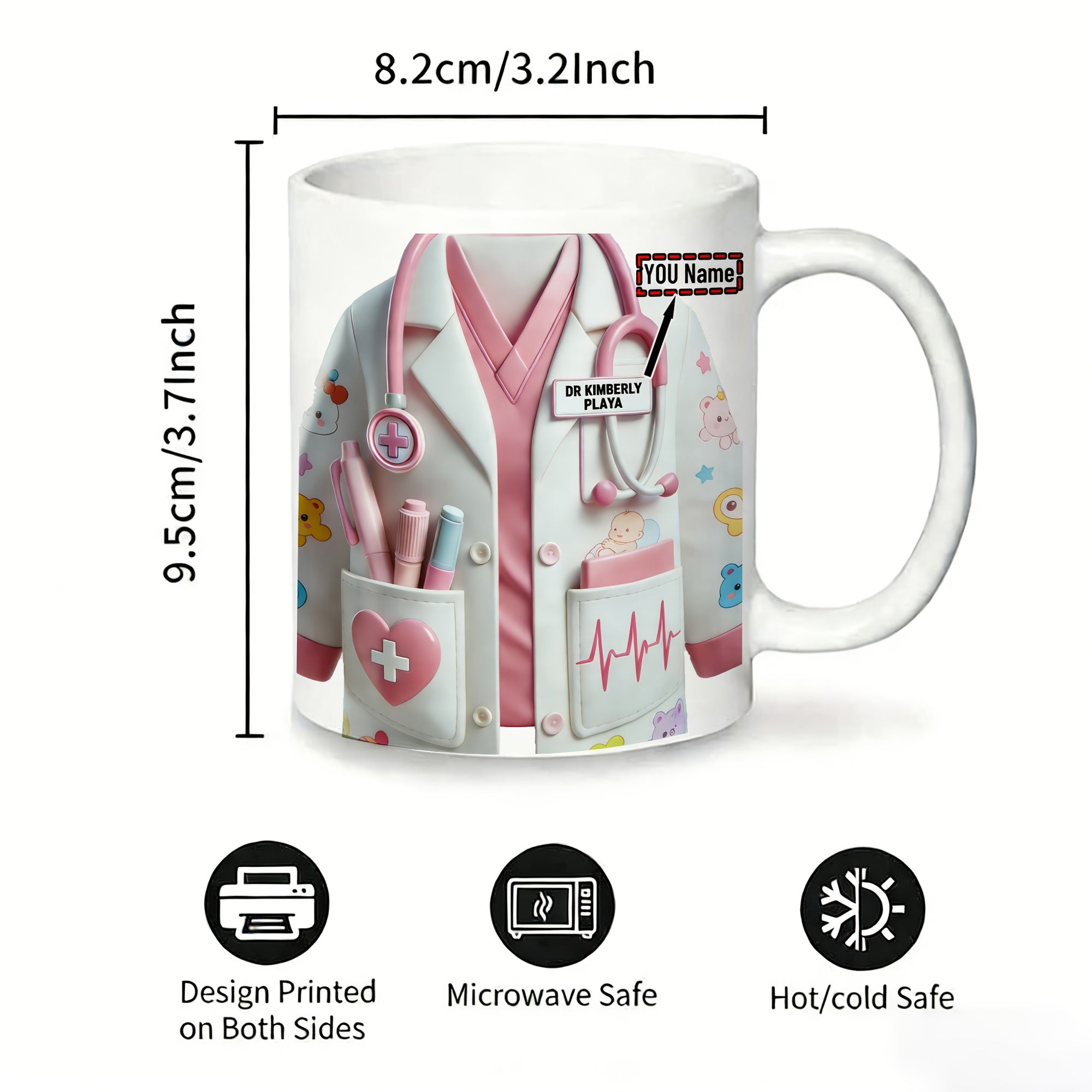 Tailorly White Ceramic 11 oz Mug - Dr Kimberly Plate Detailed Medical Lab Coat With Pink Scrubs And Professional Stethoscope Uniform