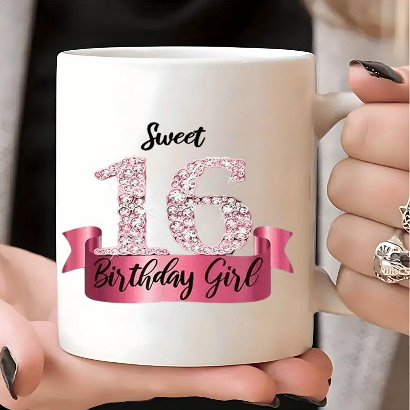 Tailorly White Ceramic 11 oz Mug - Sweet Birthday Girl Glittering Pink Number Sixteen With Elegant Ribbon Decoration And Script Lettering Design