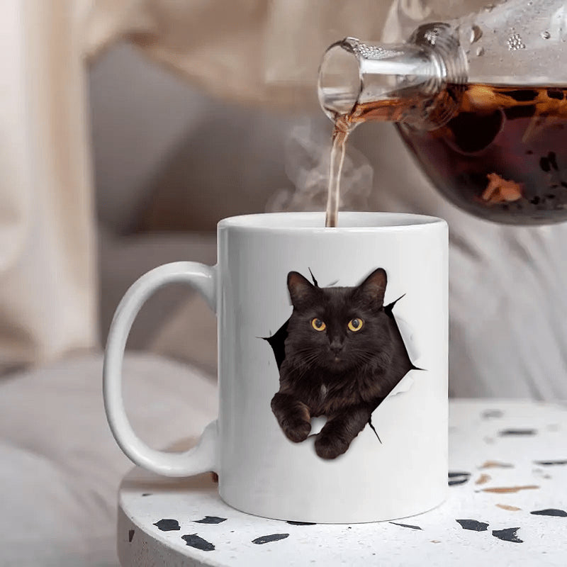 Tailorly White Ceramic 11 oz Mug - Realistic Peeking Feline With Intense Yellow Eyes From Torn Surface Cat