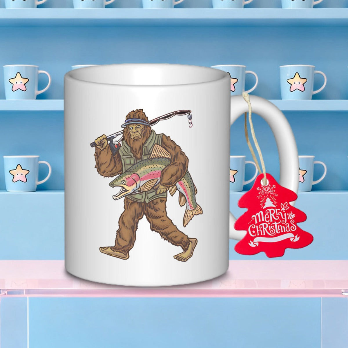 Tailorly White Ceramic 11 oz Mug - Rugged Sasquatch Carrying Large Trout With Fishing Rod And Vest Bigfoot